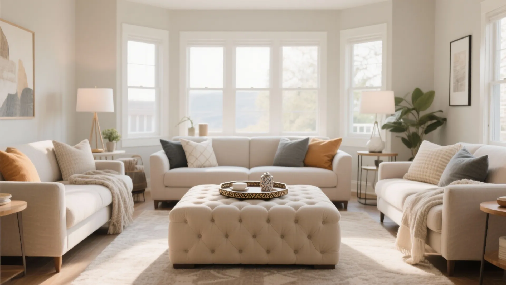 Large beige tufted footrest used as coffee table in living room with white cream sofas