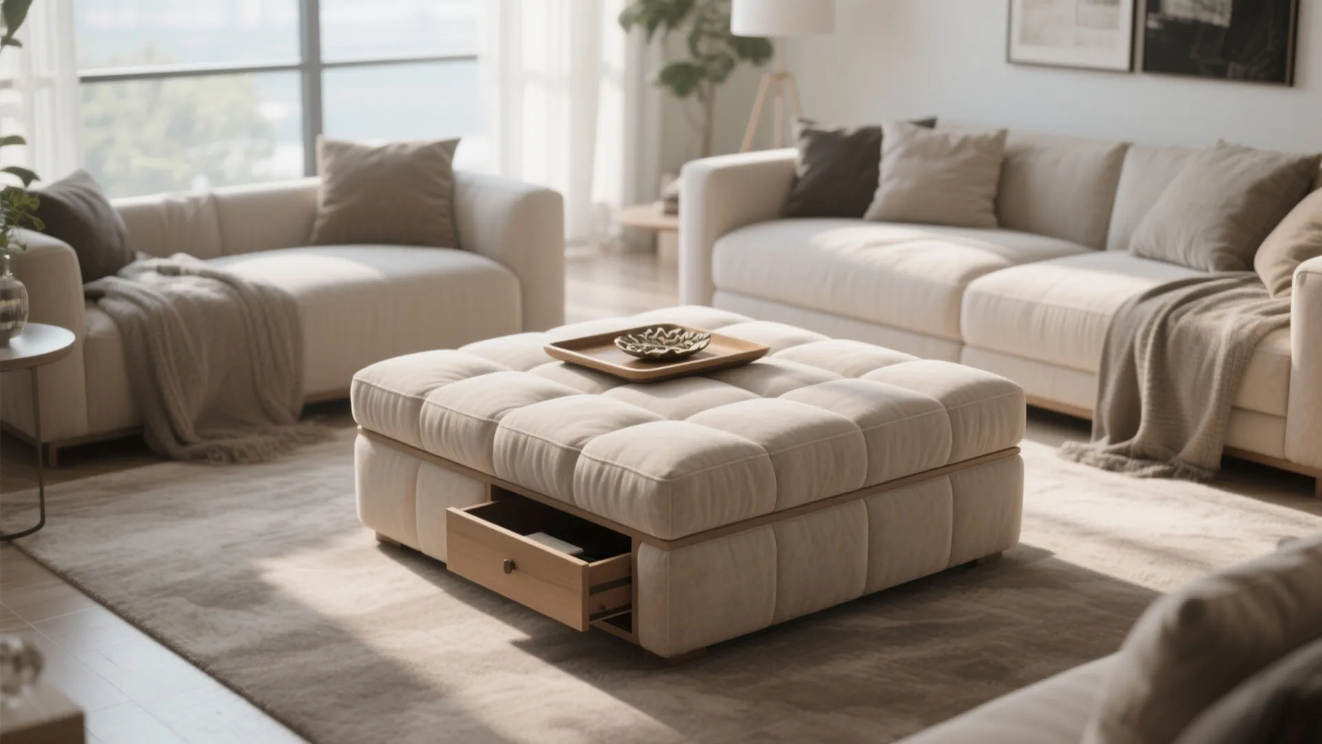 Tufted cream footrest with wooden drawer placed on a rug between two comfortable beige sofas