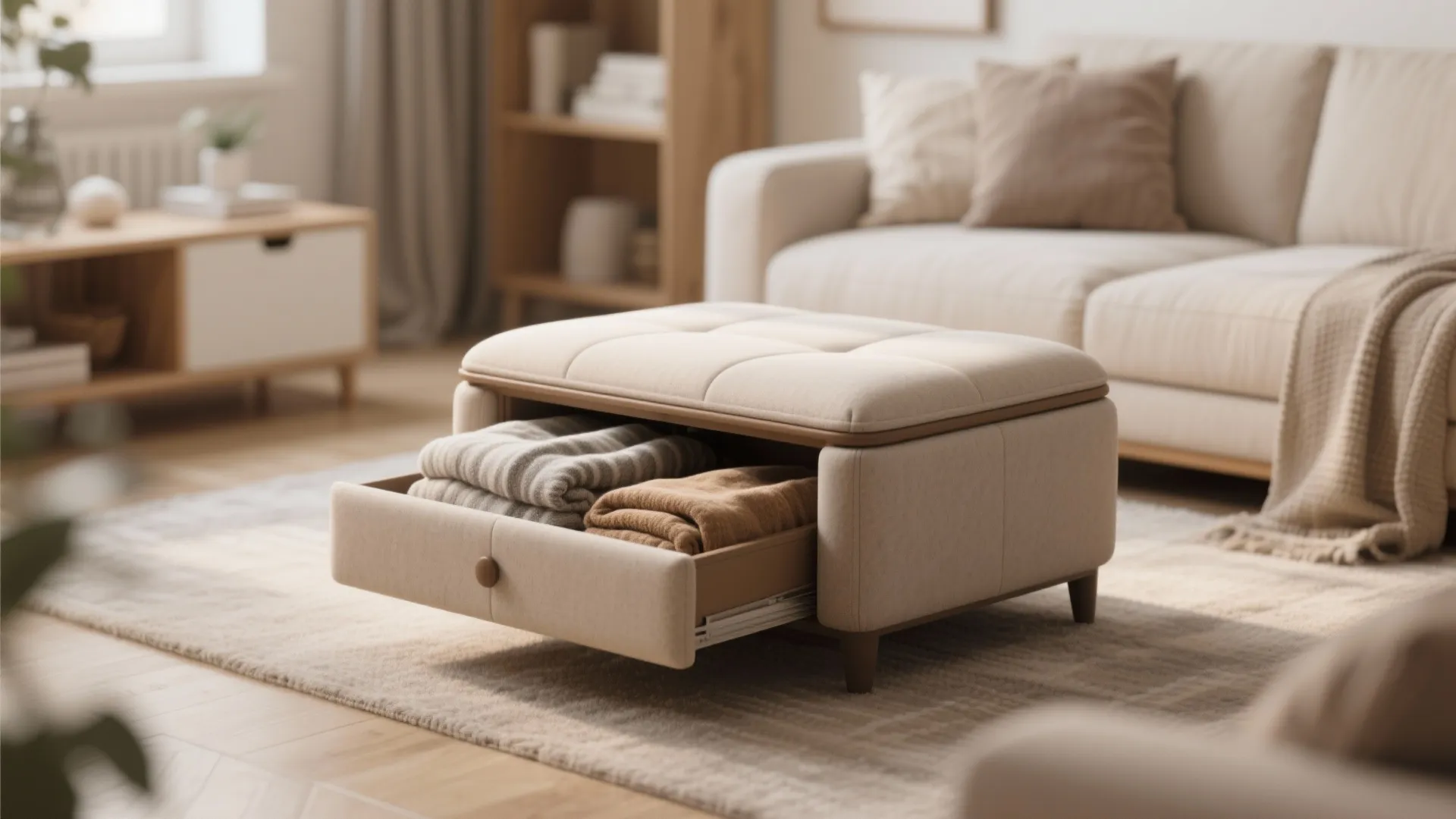 Beige fabric footrest with an open drawer storing folded clothes in a modern living room