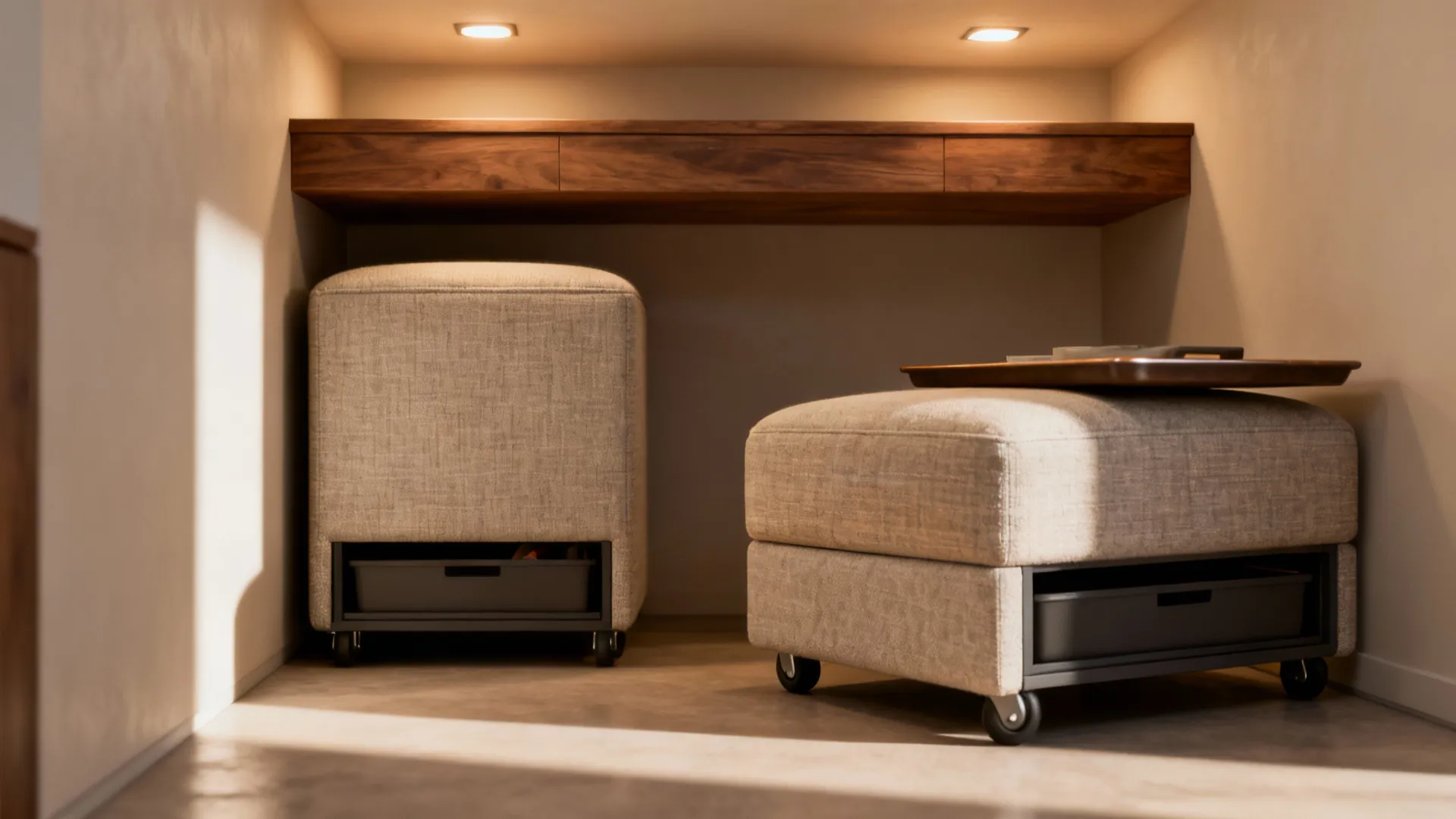 Two multipurpose ottomans used as seating and occasional table in a small living room