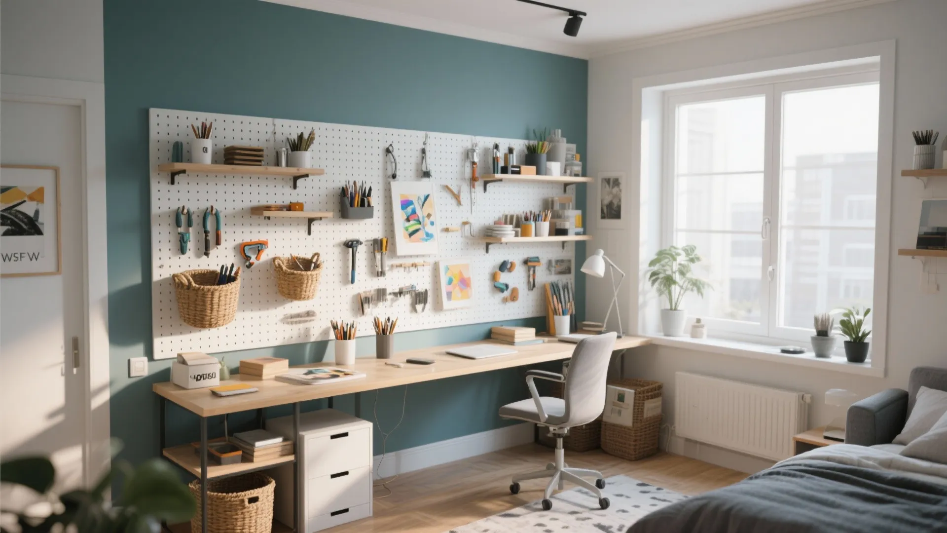 Home office workspace with long wooden desk white chair large pegboard organizer and teal wall