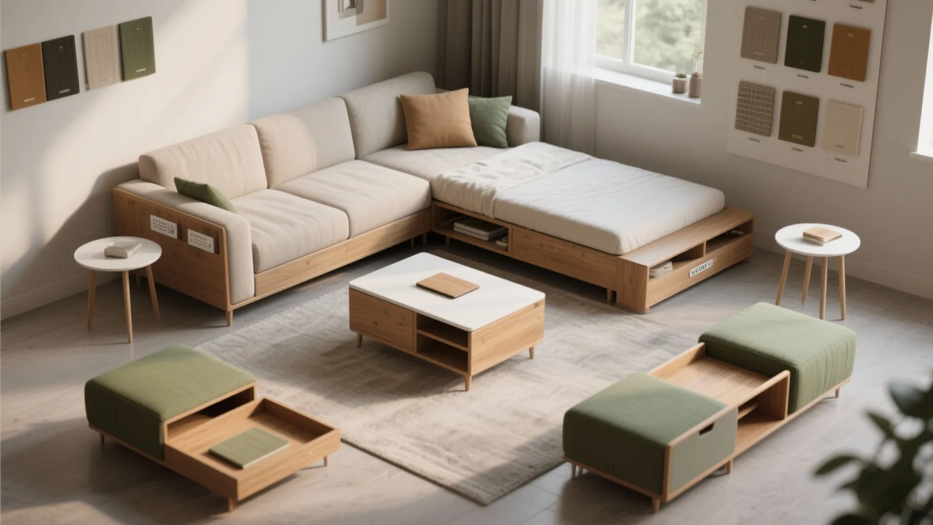 Functional living area with wooden sofa bed, coffee table, green footrests, rug and wall material samples
