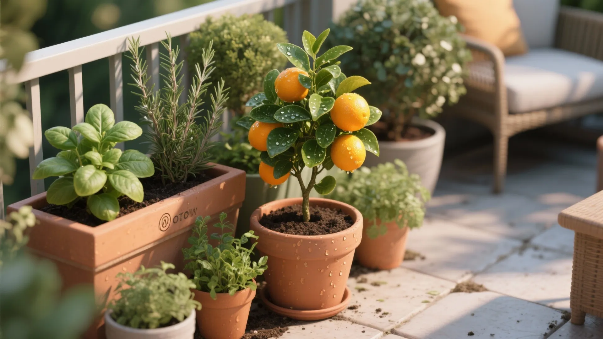 Small orange tree in clay pot on sunny balcony with herbs in planter and outdoor chairs
