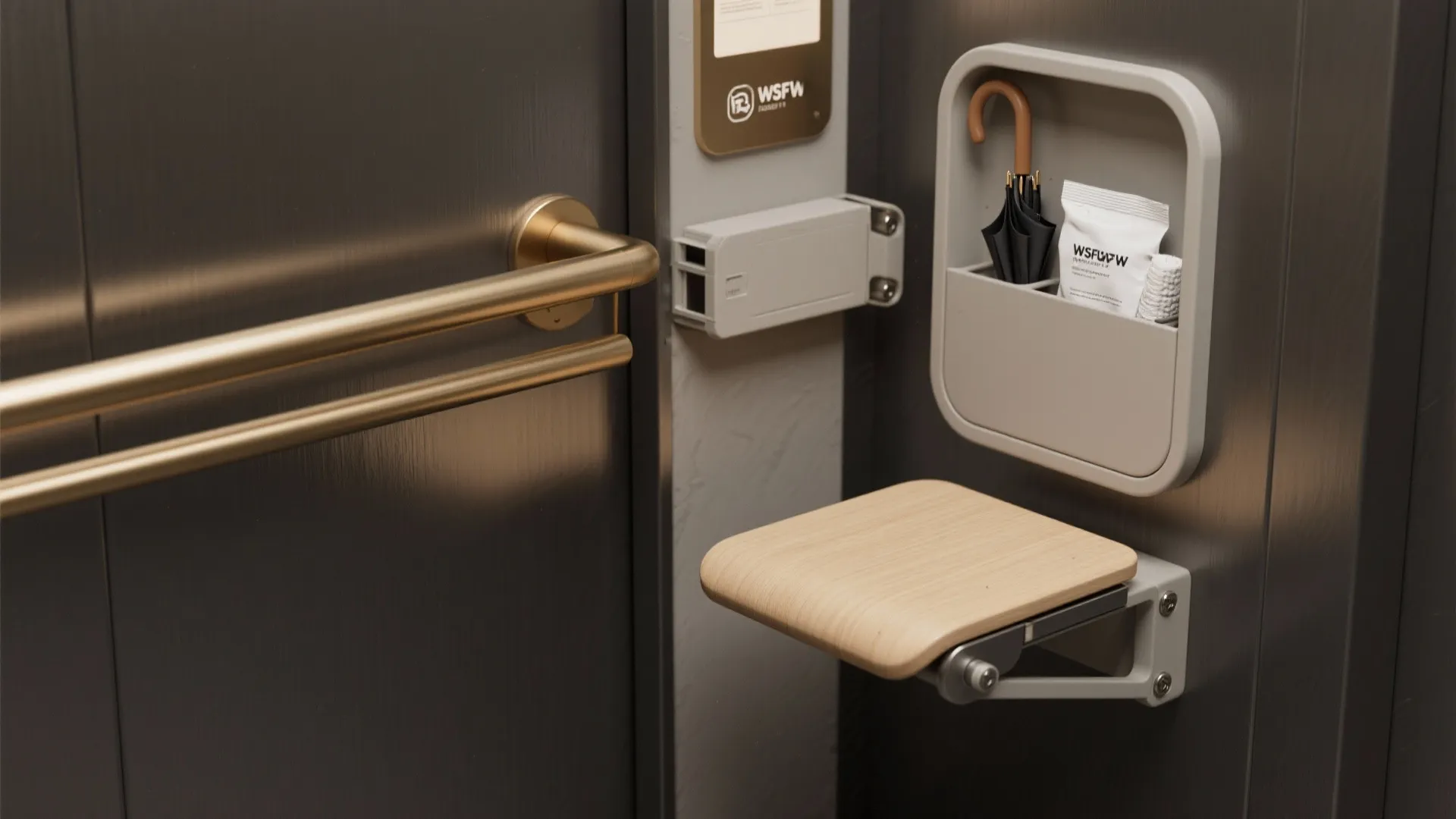 Wall mounted folding wood seat with small umbrella holder and metal handrails near dark door
