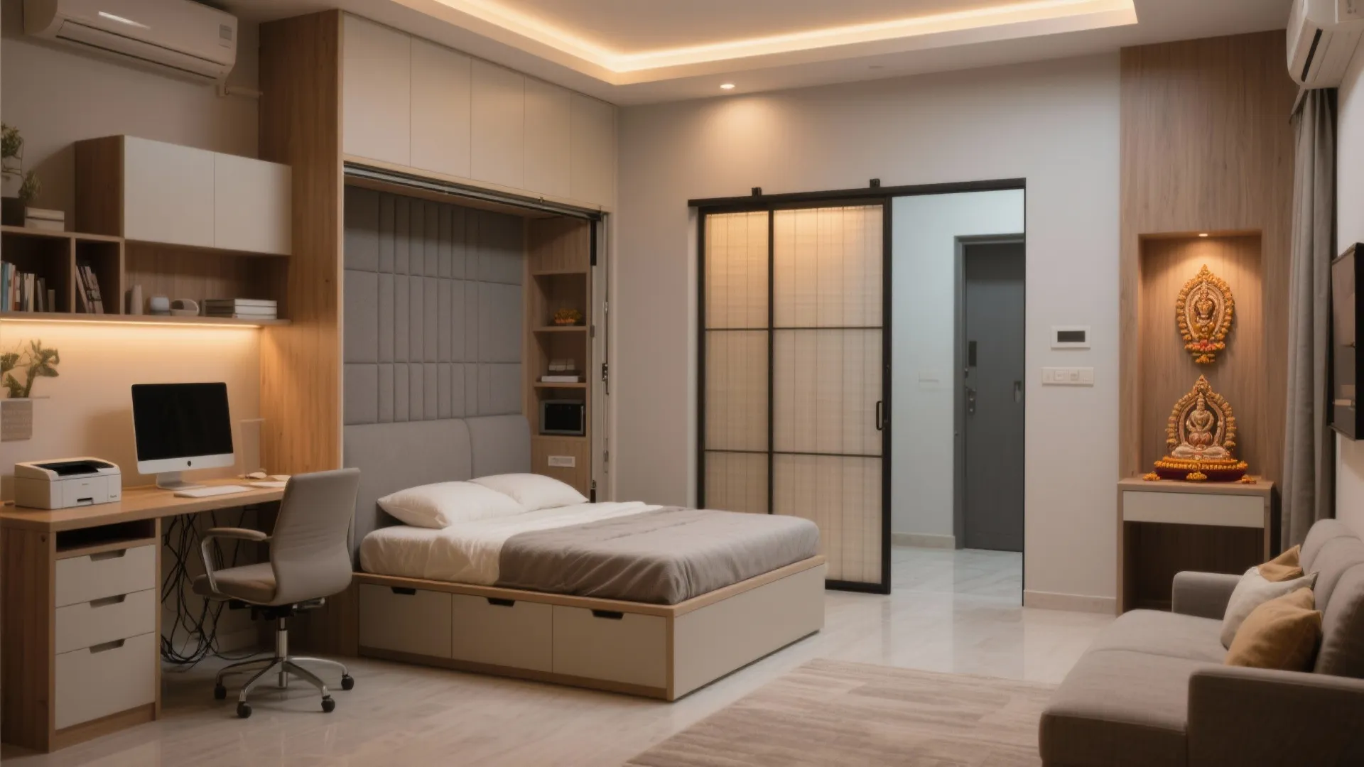 Multipurpose room planning: study, guest, and puja without clutter