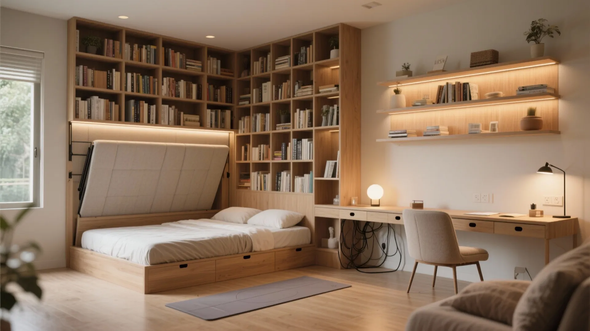 Modern home office with pull down bed wooden bookshelves long desk chair and soft warm lighting