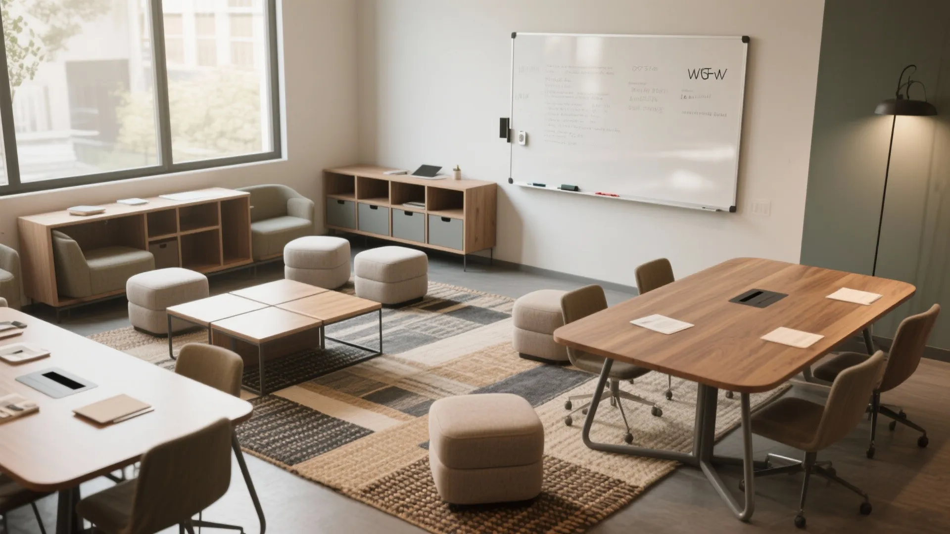 Modern meeting room with wood tables and small footrest chairs on a patterned area rug