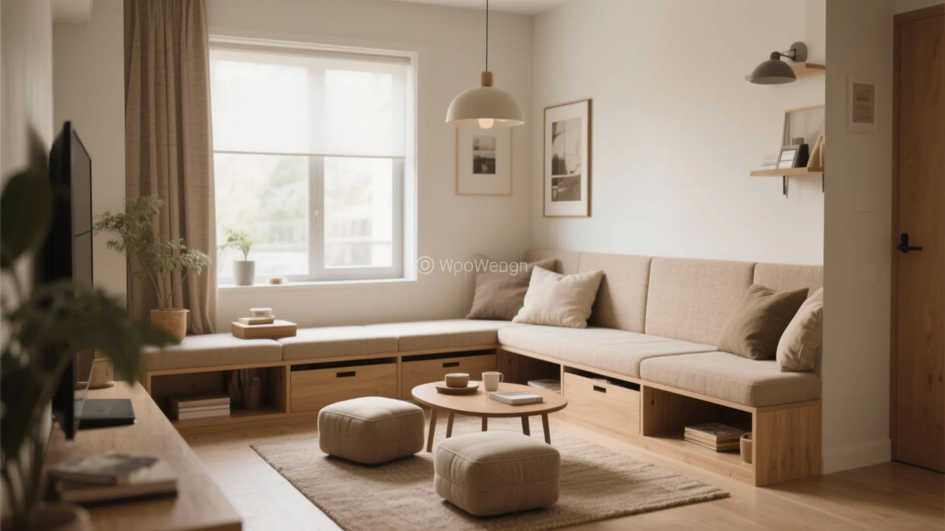 Modern living room with wooden built-in bench seating, beige cushions, round coffee table, and footrests