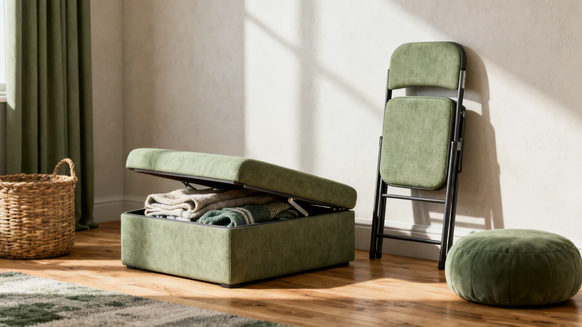 Small living room with storage ottoman, foldable chair and pouf for flexible seating
