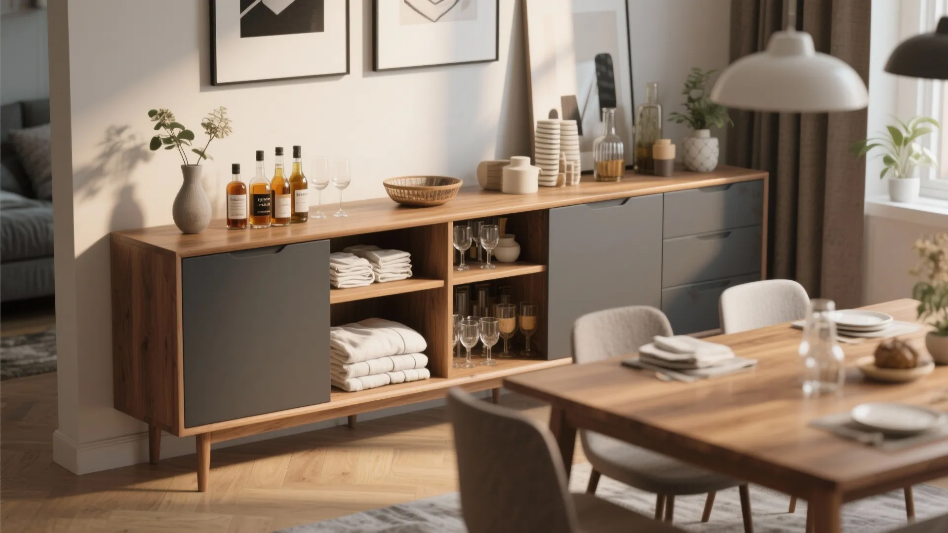 Wooden storage cabinet with grey doors holding wine bottles glasses and towels in dining area