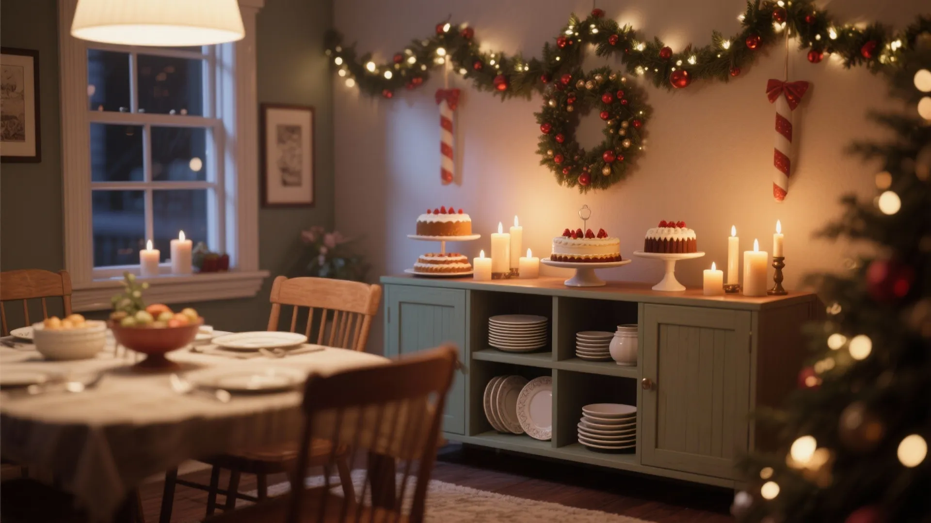 Blue cabinet with Christmas cakes candles plates and festive garland hanging on the white wall