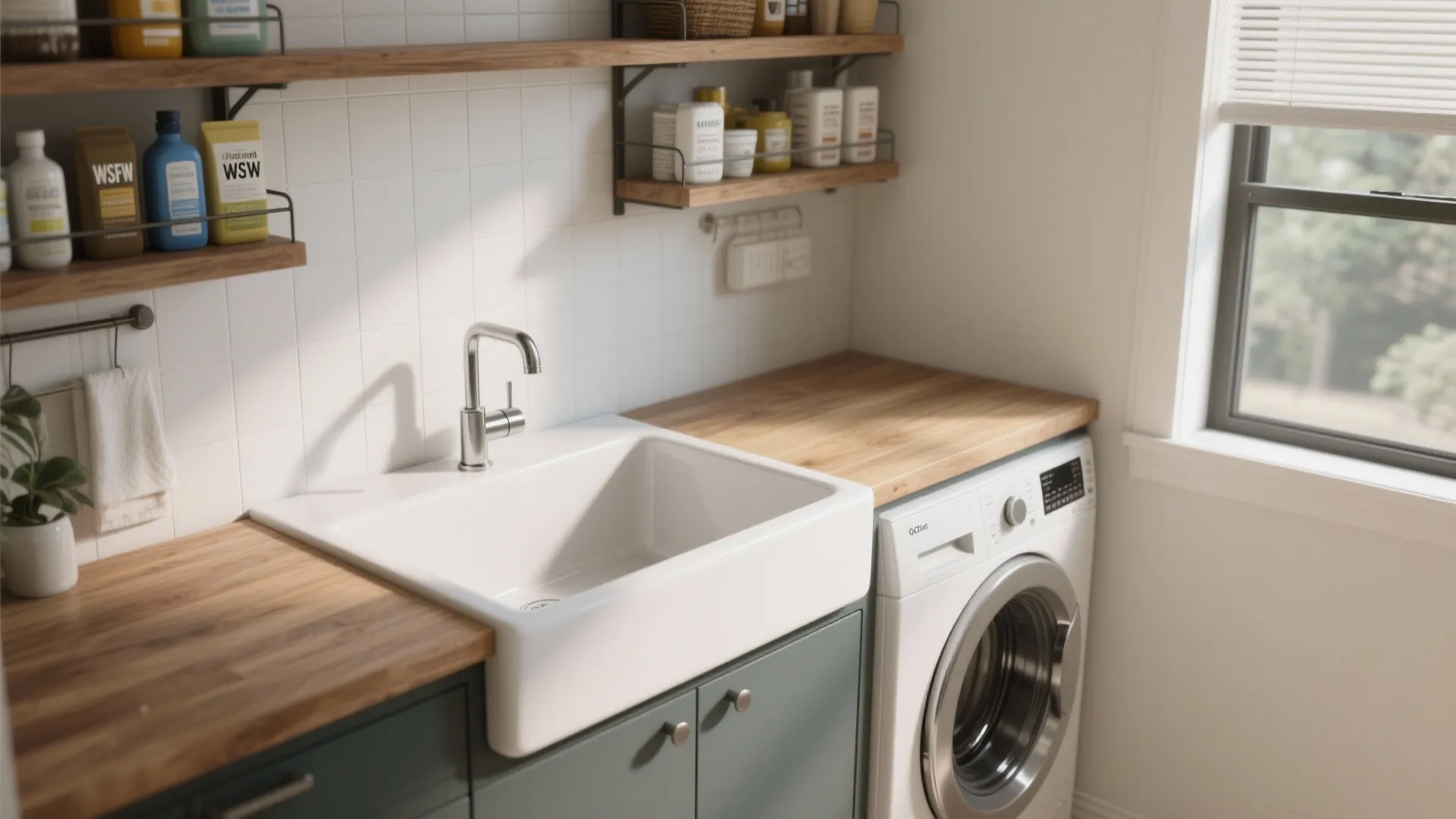 Close up view of a white laundry sink wooden countertop washing machine and wall shelves