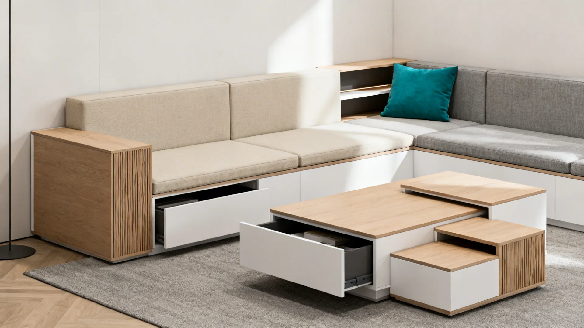 Compact sectional with hidden storage and slim-profile multipurpose furniture in a small living room.