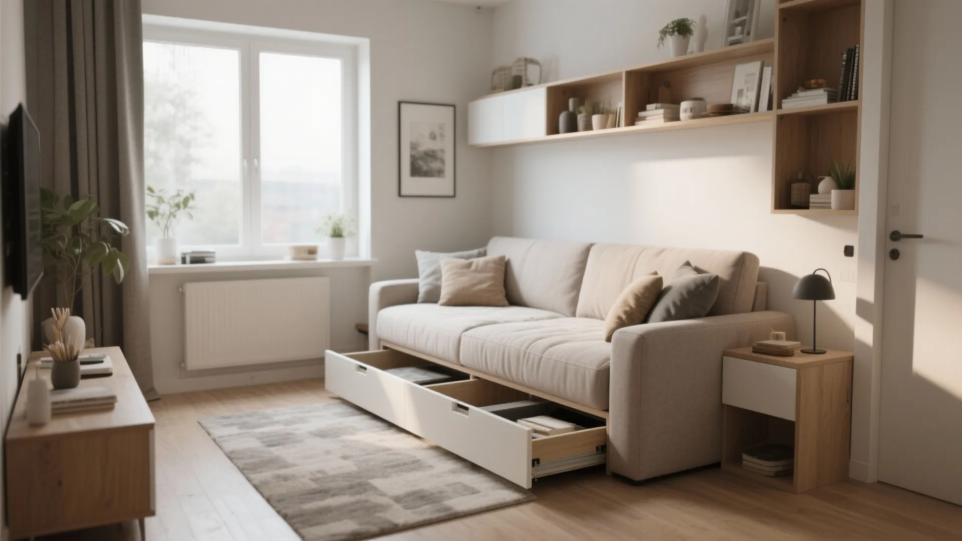 Modern beige sofa with white storage drawers pulled out in a bright living room shelving