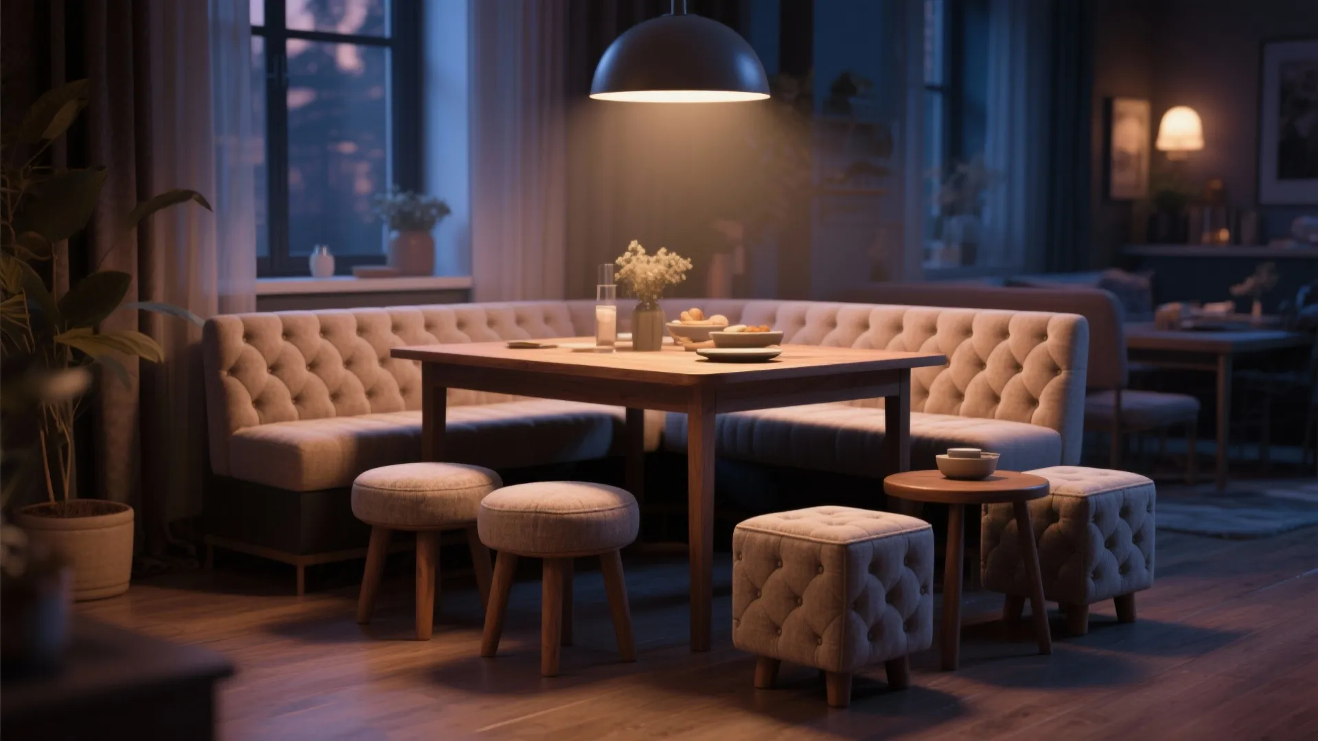 Cozy dining corner with tufted bench, wooden table, small footrests, and large grey ceiling light