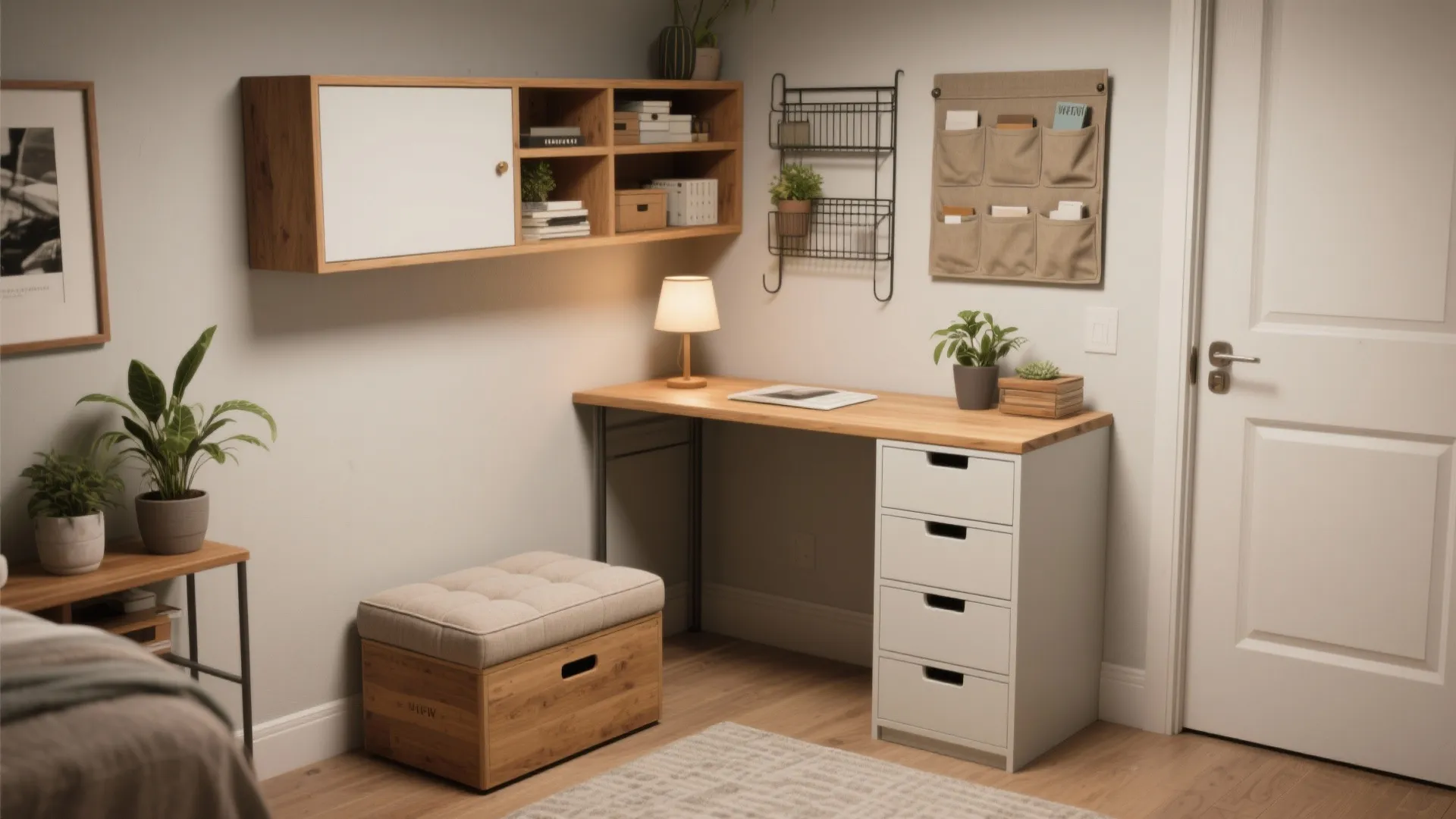Home office desk with white drawers wooden wall cabinet and tan footrest on wood floor