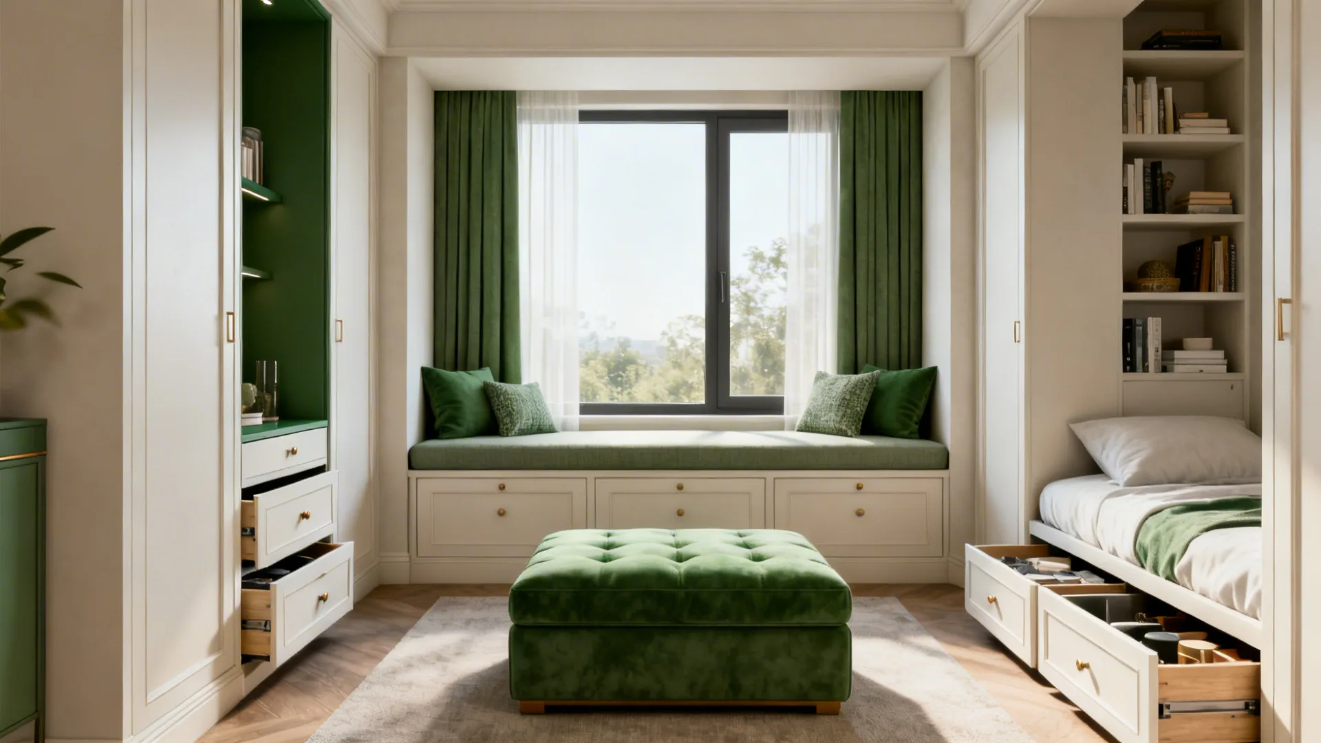 Compact living room using ottoman storage, window seat drawers, and built-in shelving.