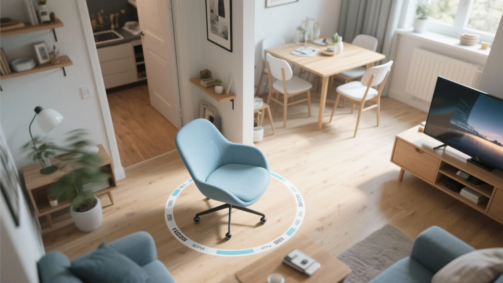 Overhead view of a blue swivel chair in a living room with wooden dining table