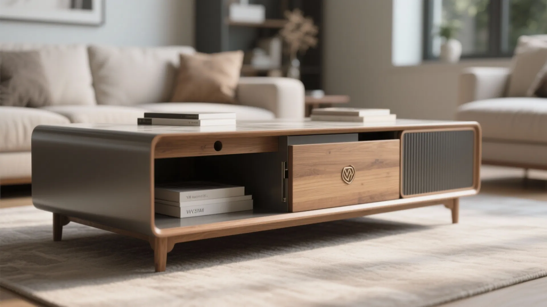 Low wooden coffee table with storage drawer and books sitting on a soft grey rug