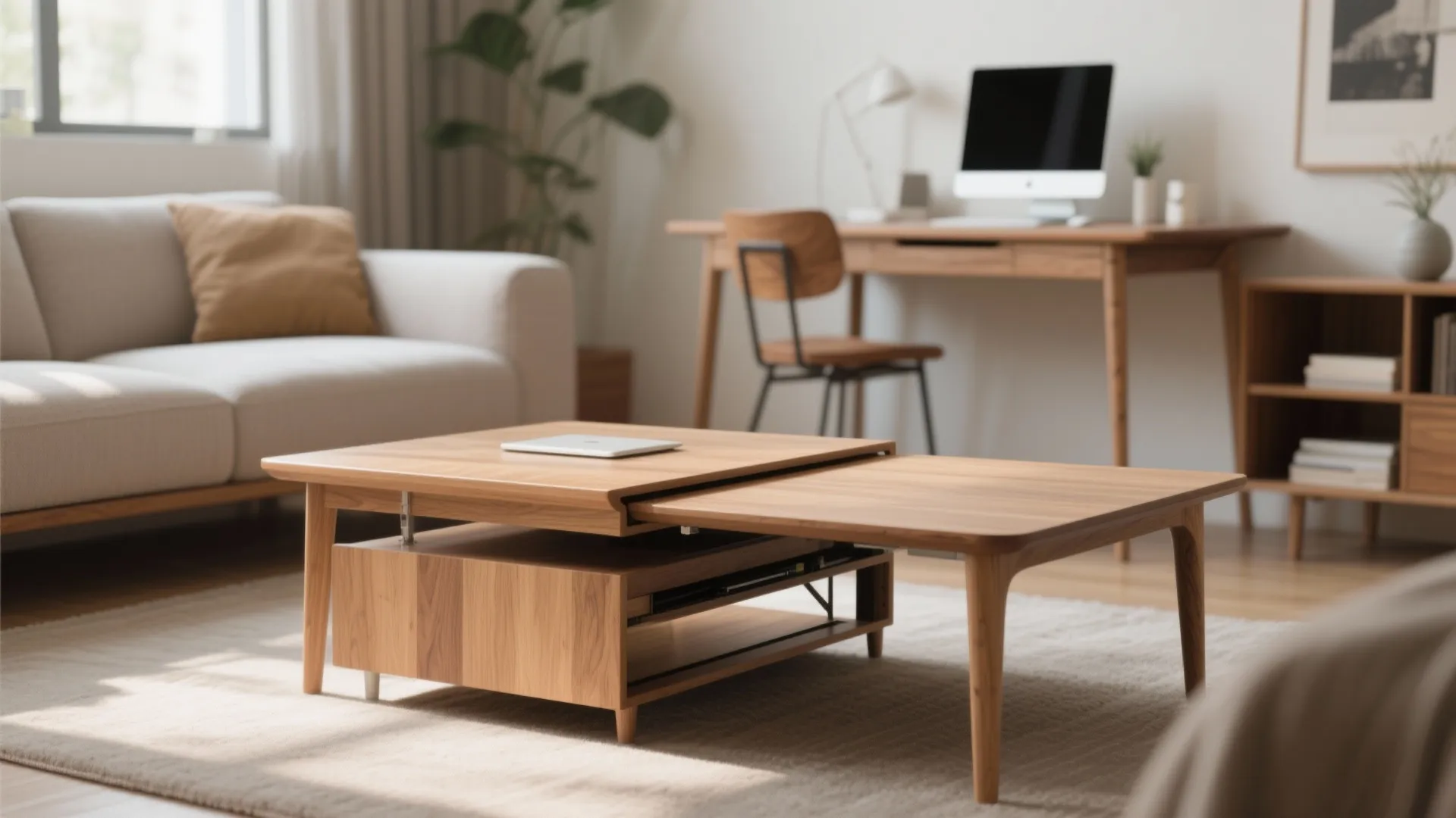 Expandable wooden coffee table in living room near sofa desk with computer and office chair