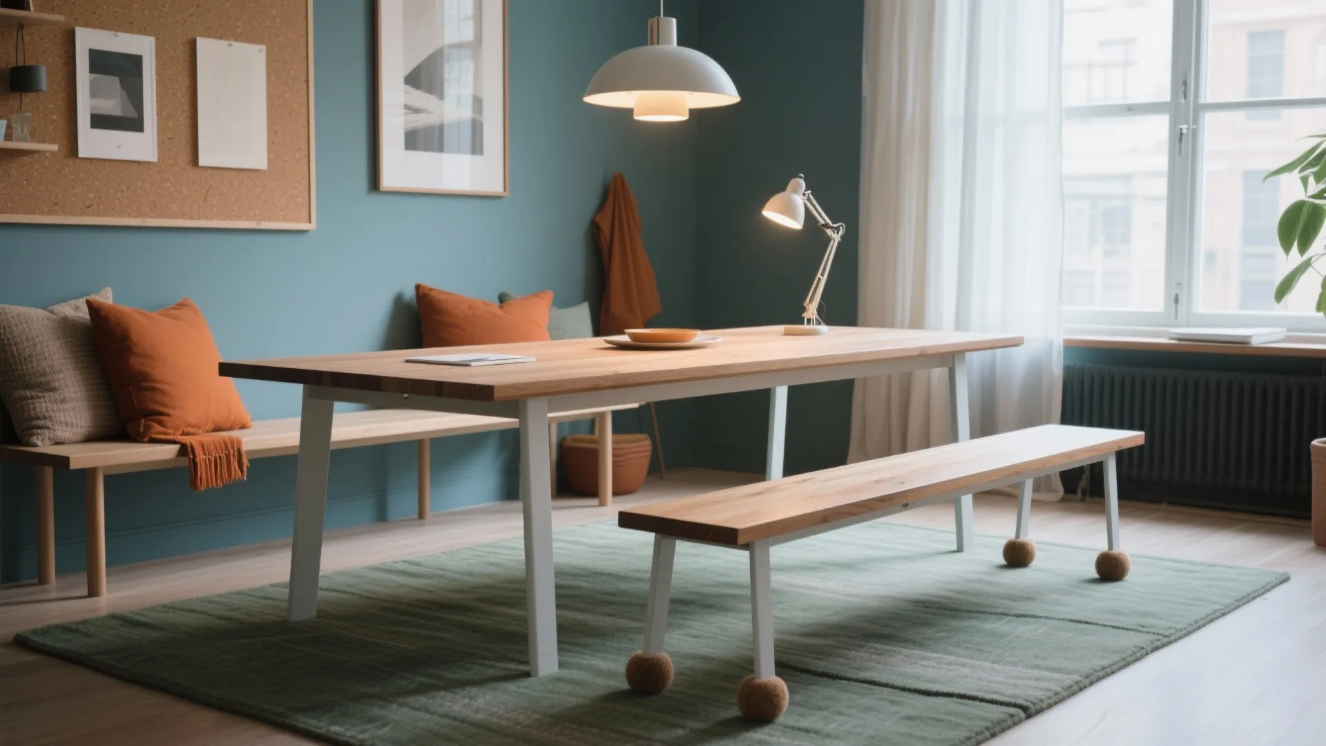 Modern wooden dining table with long bench on green rug under a white ceiling light