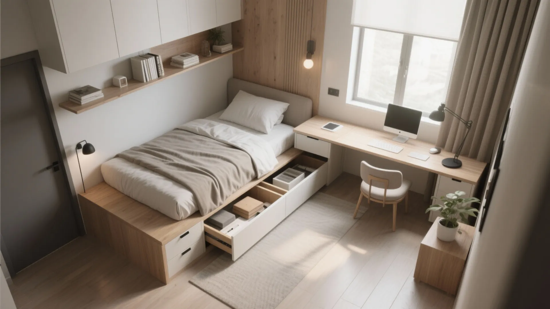 Top-down view of a tiny bedroom layout with a daybed trundle, fold-down desk, and floating shelves for dual use.