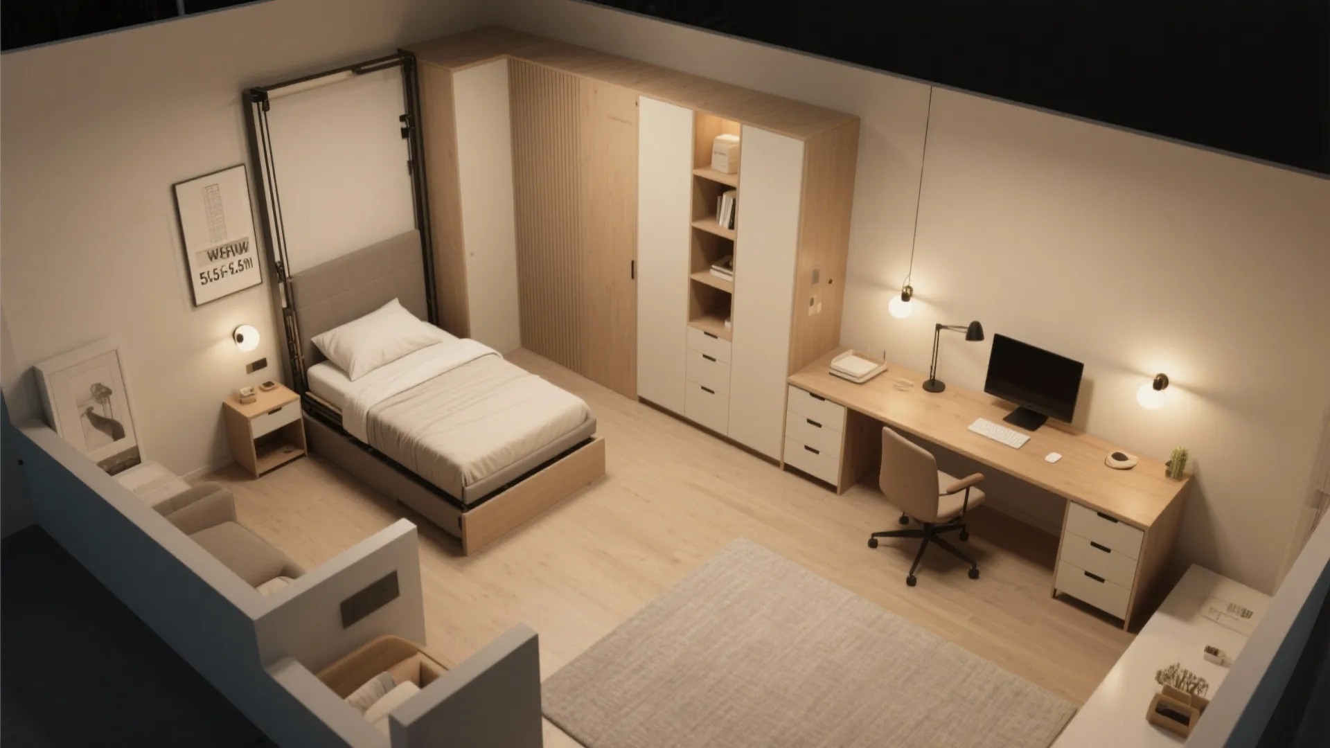 Top down interior design drawing of a studio apartment with bed wardrobe desk and light floor