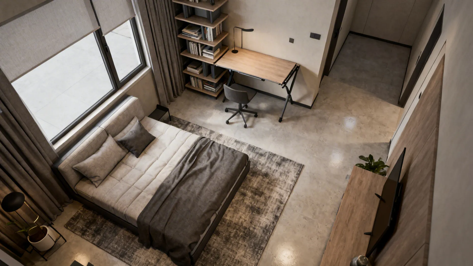 Top-down layout of a multipurpose lounge with sofa bed and fold-away desk showing circulation.