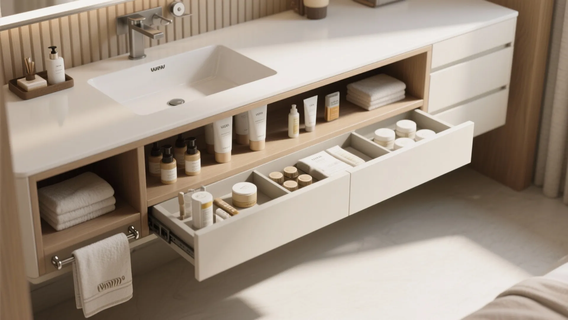 Bathroom cabinet with open drawers showing organized skincare products white towels and a modern sink