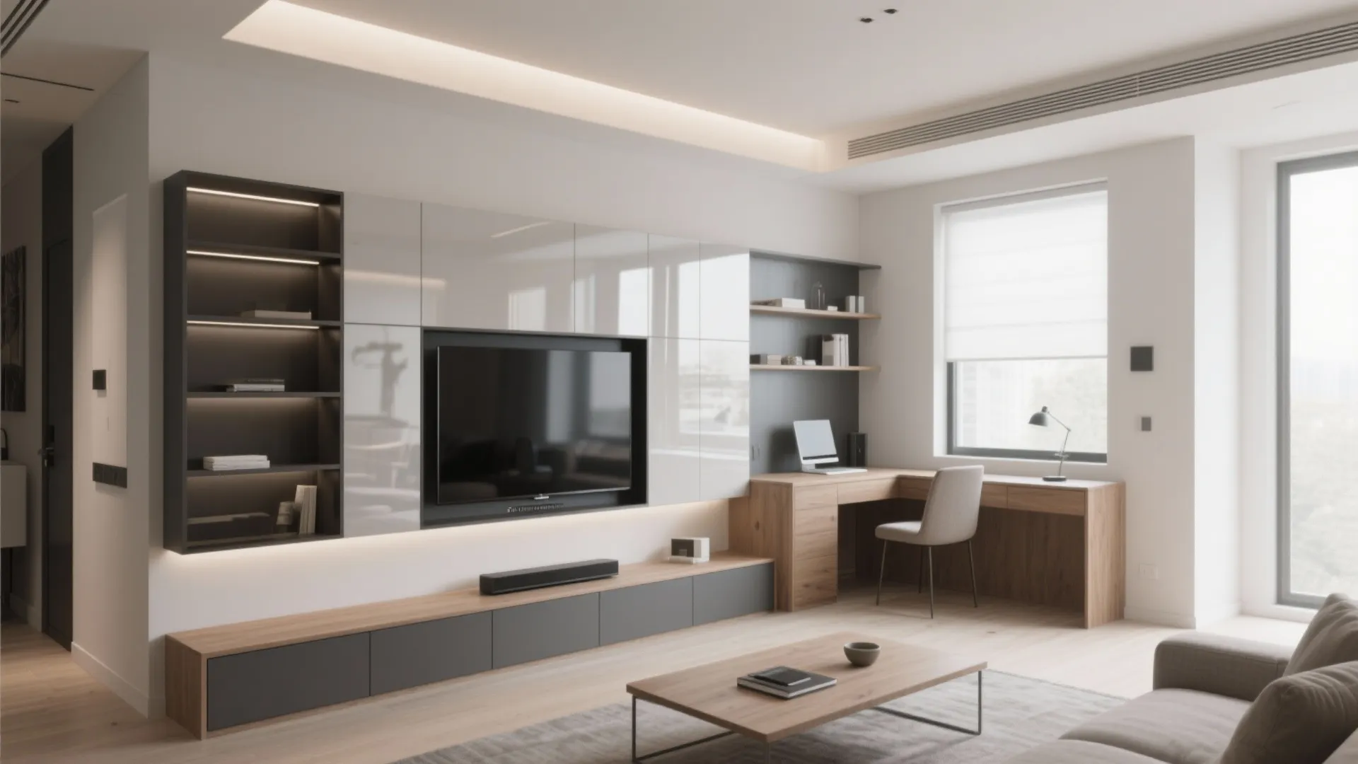Interior design drawing showing wall cabinet with television desk chair bookshelves and light grey sofa seat