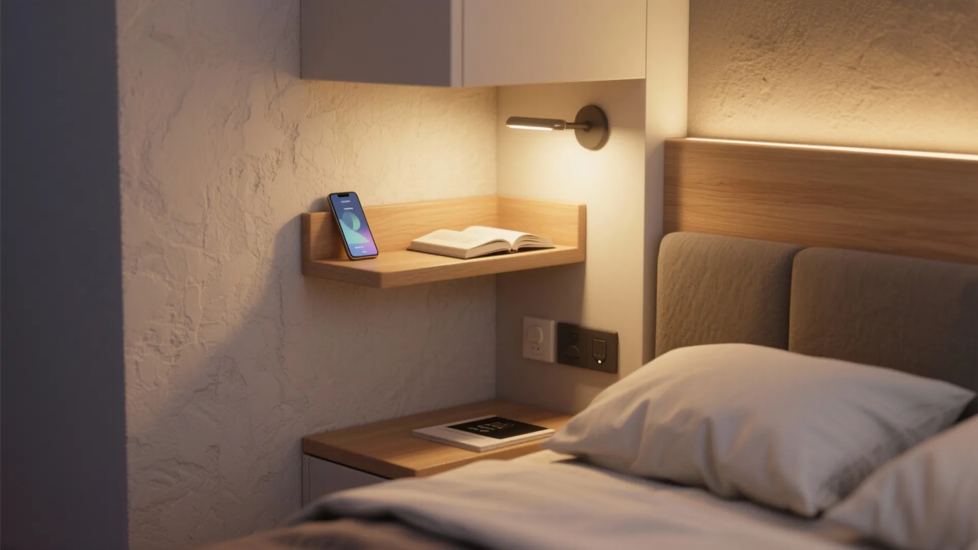 5. Multipurpose Wall Units: Light + Shelf + Switch