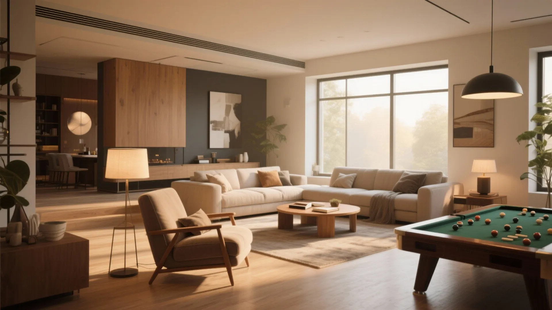 Large living room featuring pool table white sofa wooden coffee table floor lamp and fireplace