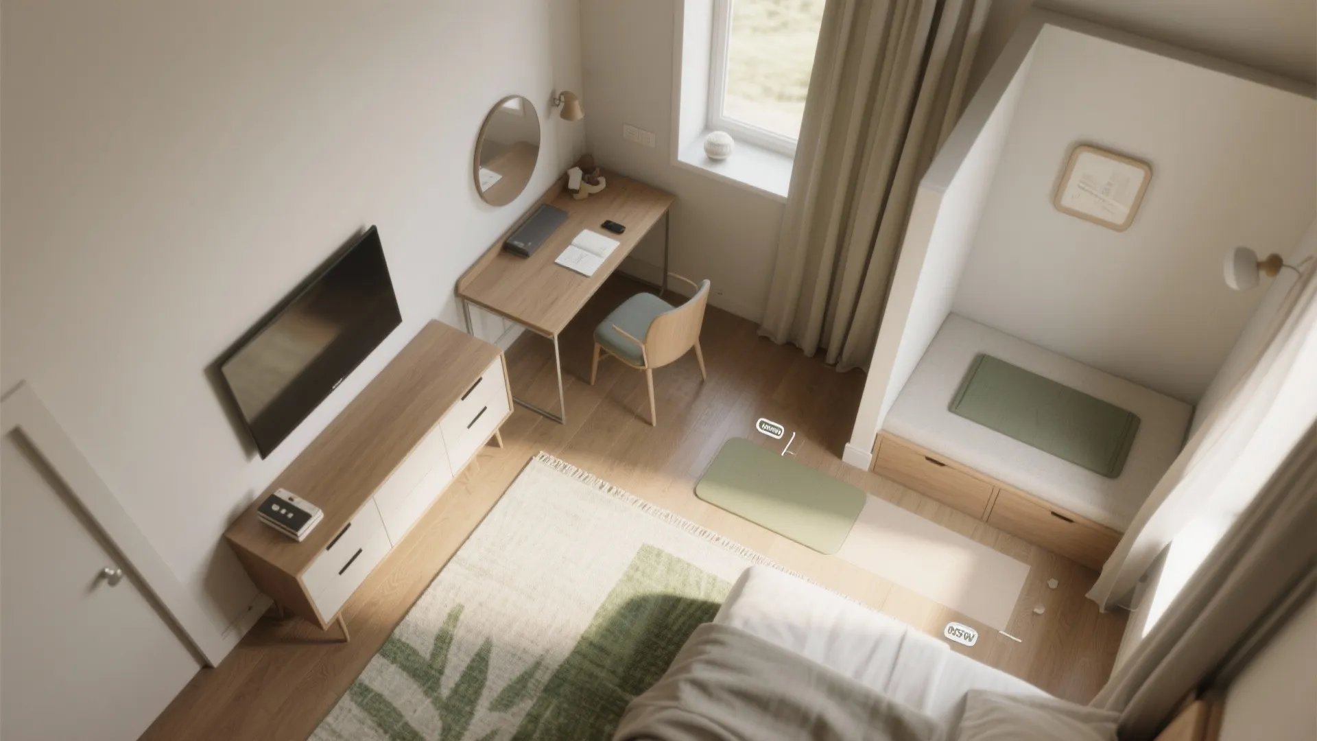 Top view of small studio apartment with wood floor desk television and separate sleeping area