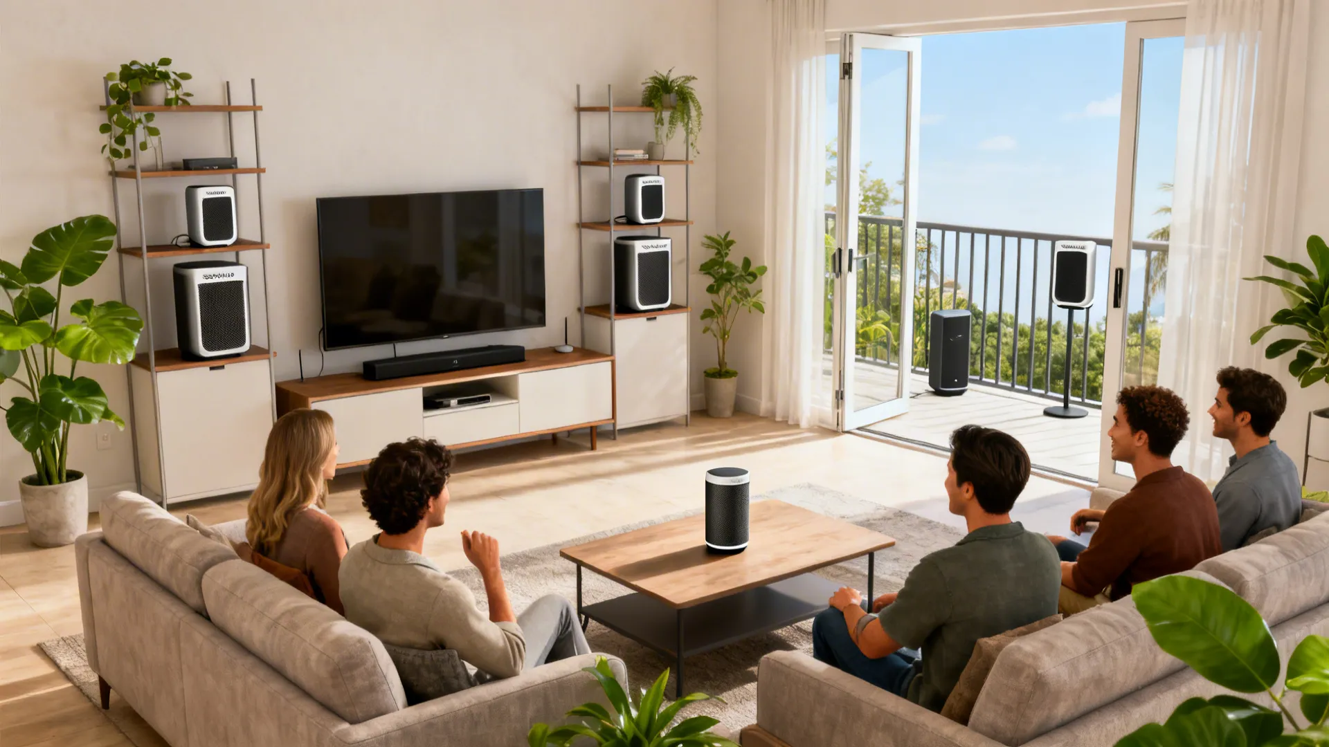 Open living area with Sonos Ones/Five on shelving and a Sonos Roam on the coffee table for multiroom music.