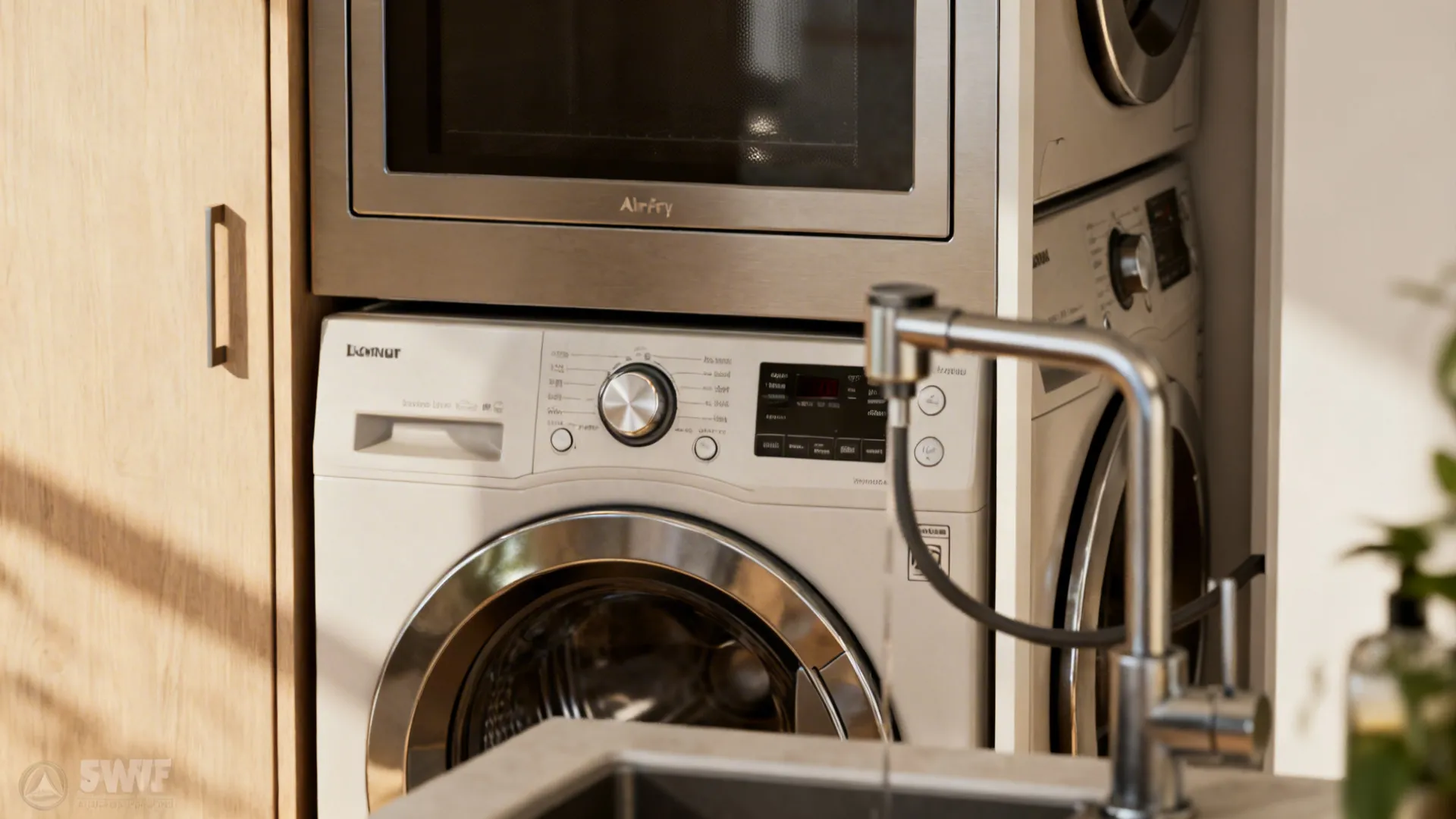 Compact multitasking appliances like oven-air fryer and faucet-sprayer that save footprint.