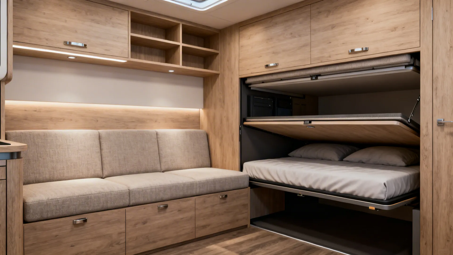 Slim sofa-bed and wall bed with integrated storage in a compact basement studio.
