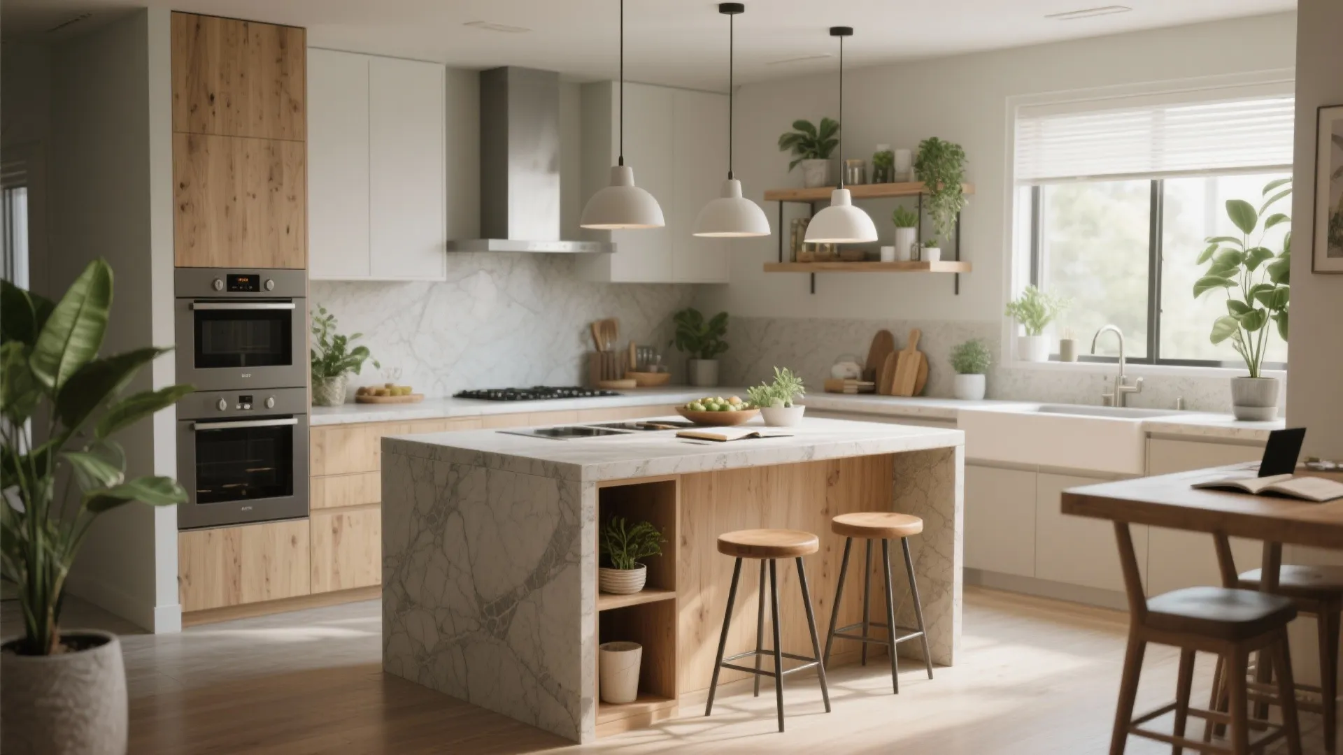 Compact kitchen island serving as prep space, seating, and hidden storage in a small apartment