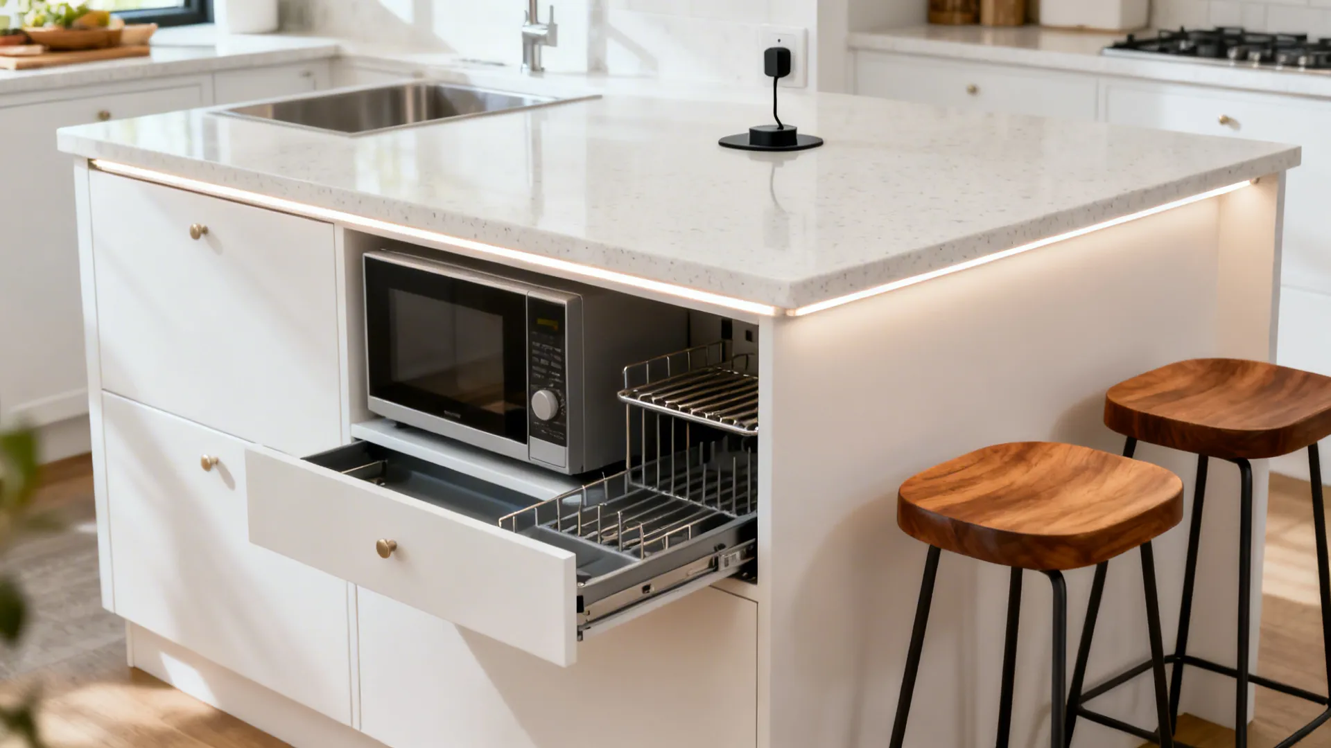 A small L-shaped kitchen island with shallow storage, a drawer microwave, and two stools.