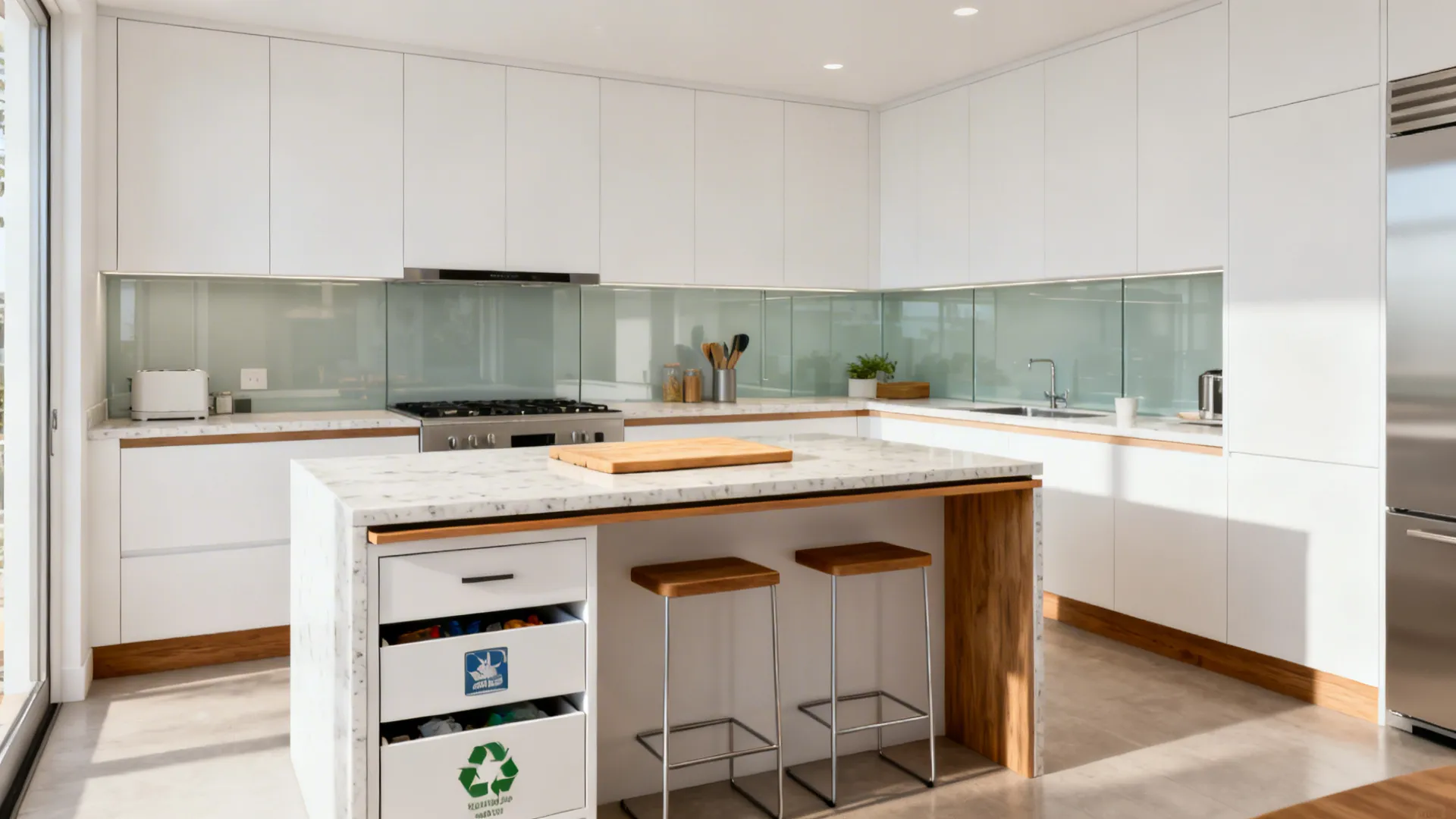 Compact kitchen island set for prep and dining with two stools and organized drawers.