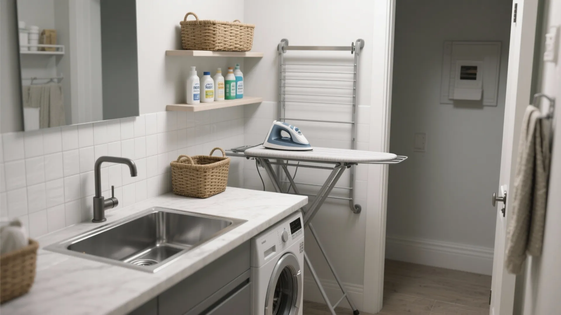 4. Add multitask fixtures: utility sink, drying rack, and ironing zone
