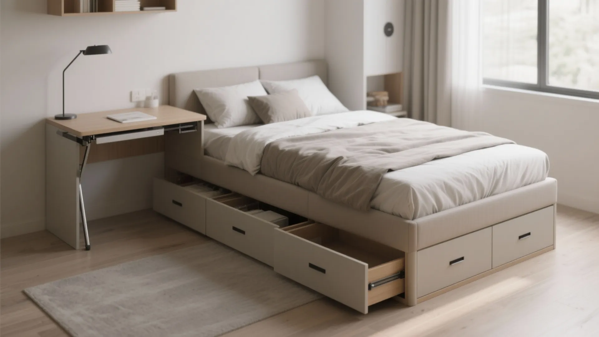 Modern bed with built-in storage drawers and attached wooden desk in a light neutral bedroom