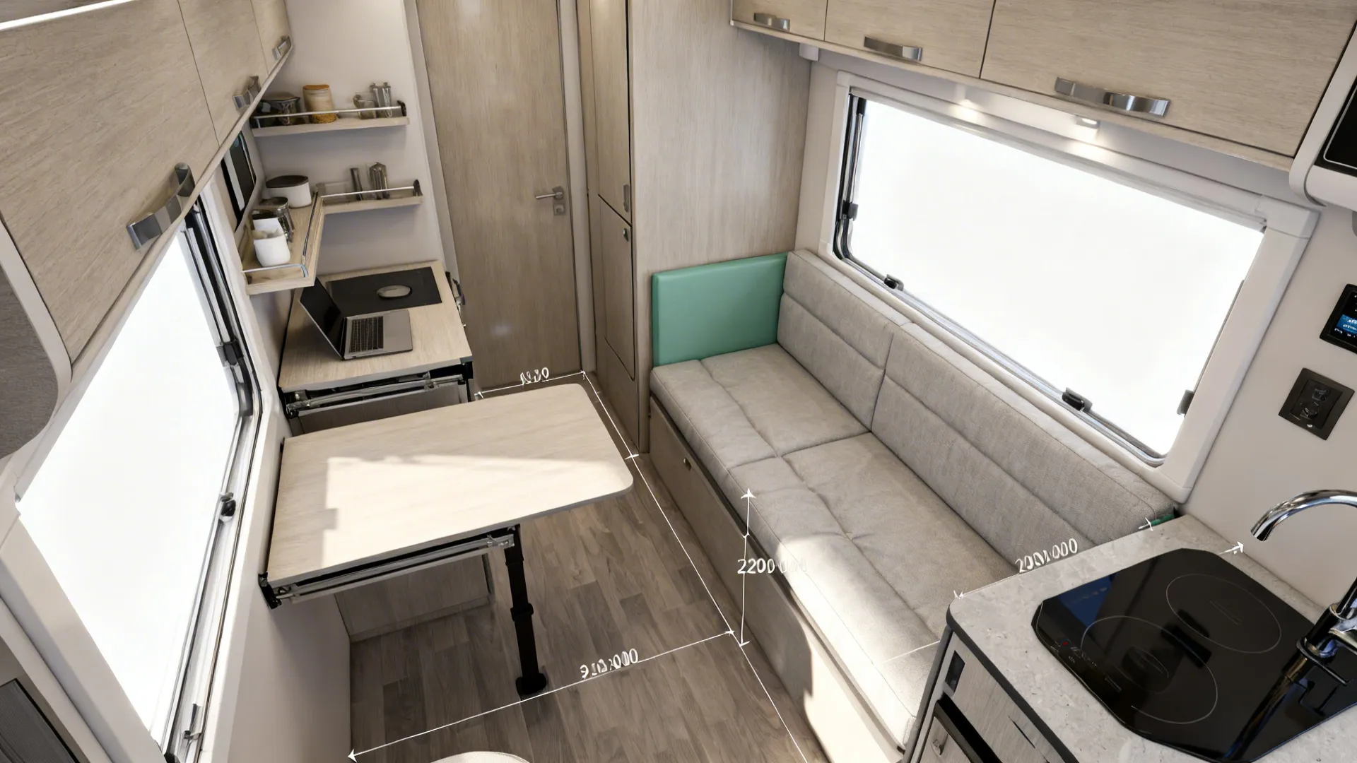 Top-down view of convertible furniture: fold-down desk, sliding shelf, and wall sofa in a studio