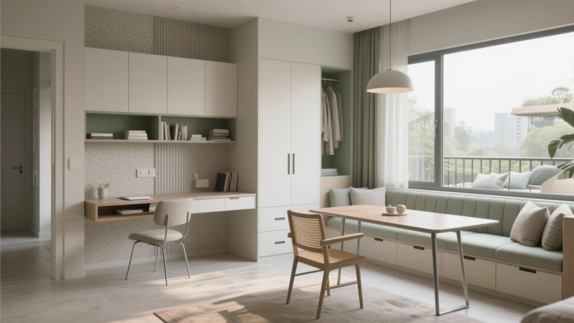 Modern multi-use room with wooden desk white wardrobe green bench seating and large bright windows