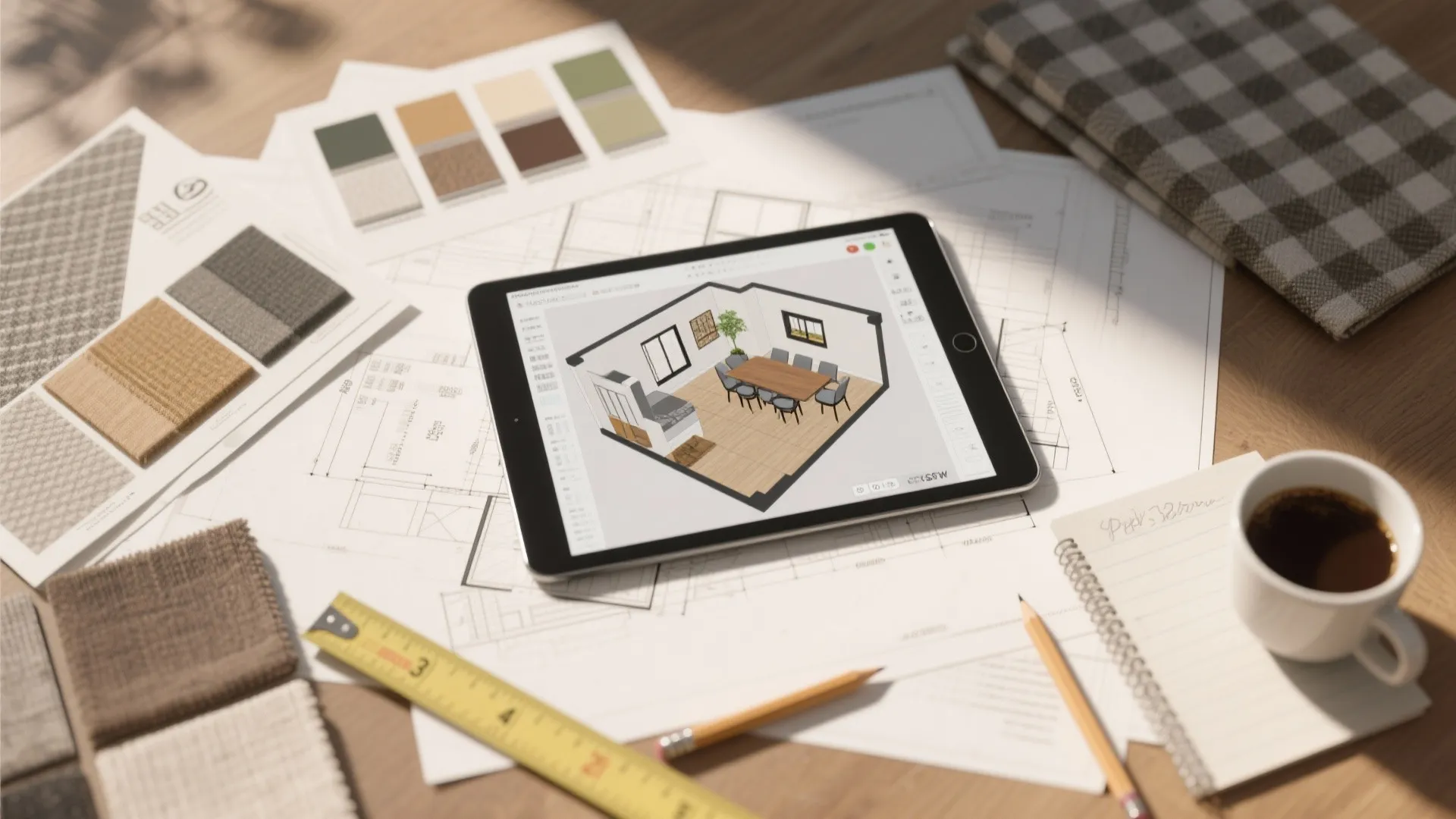 Digital tablet displaying a 3D dining room design surrounded by material samples and paper blueprints
