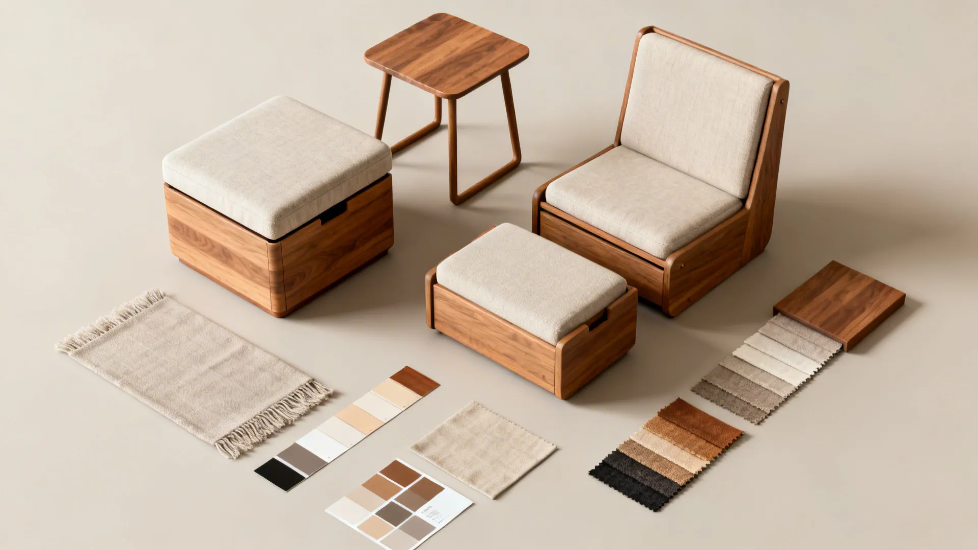 Flatlay of multi-use accent pieces: storage ottoman, nesting tables, compact chair and fabric swatches