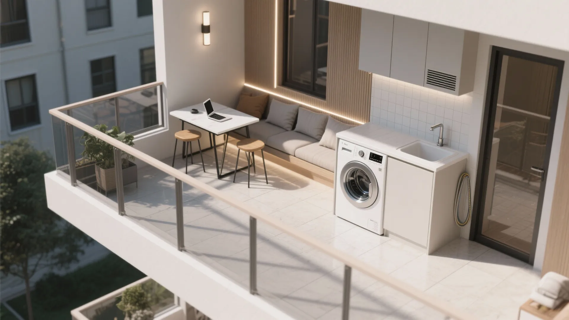 Make a small balcony do more: dine, lounge, and even do laundry