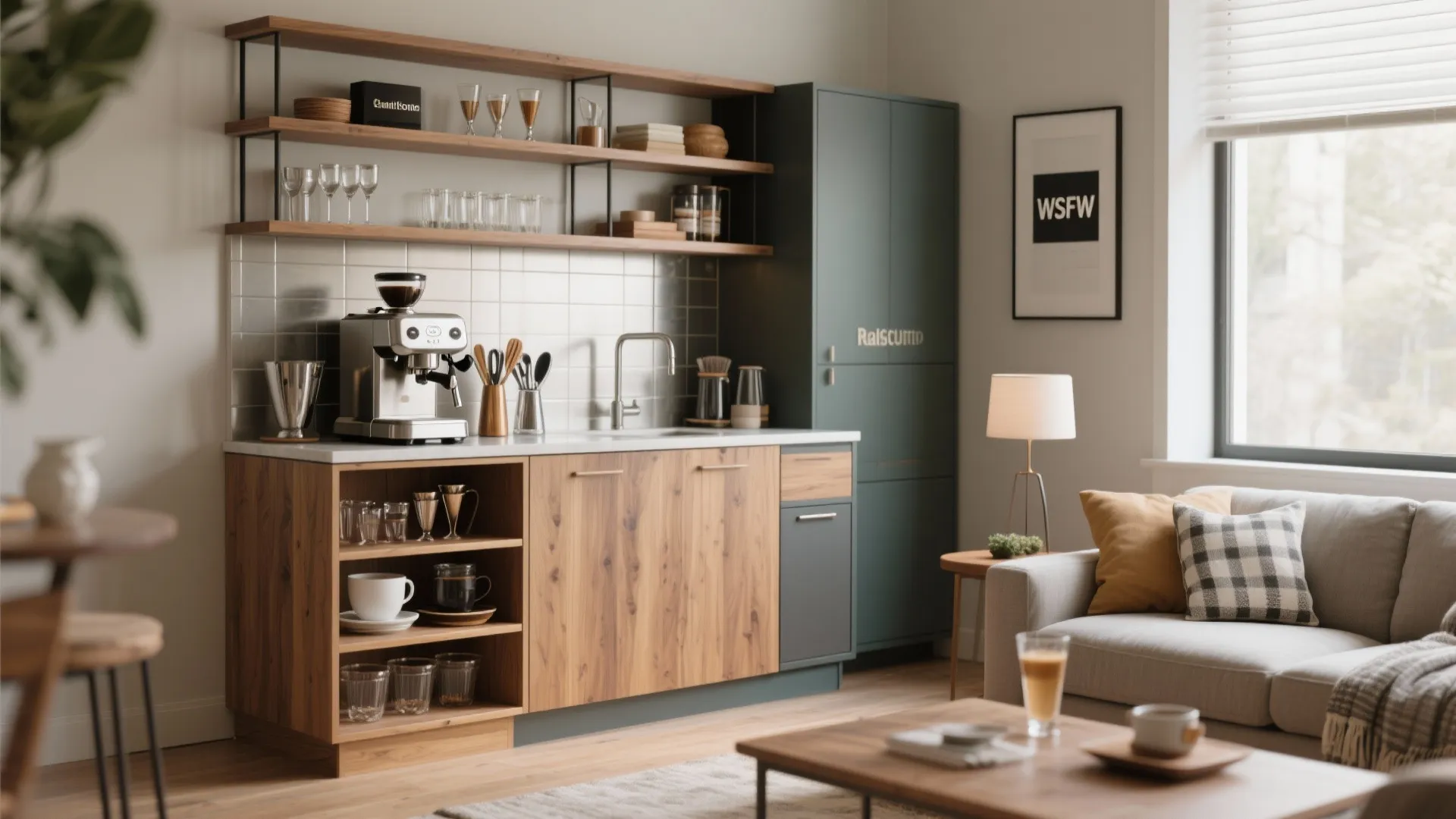 Small home coffee bar with wood cabinets metal shelves coffee machine and sofa in a living-room