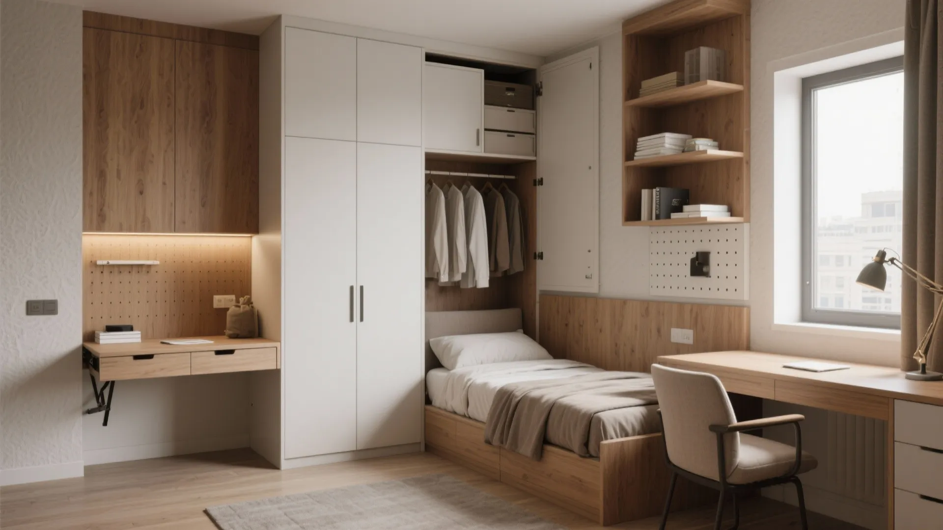 Small bedroom featuring built in wardrobe wooden desk wall shelf and single bed with clean sheets