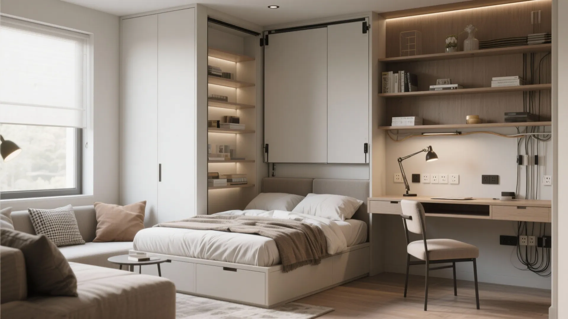 Small multi-use room with a folded wall bed, built-in shelves and compact desk for flexible use.