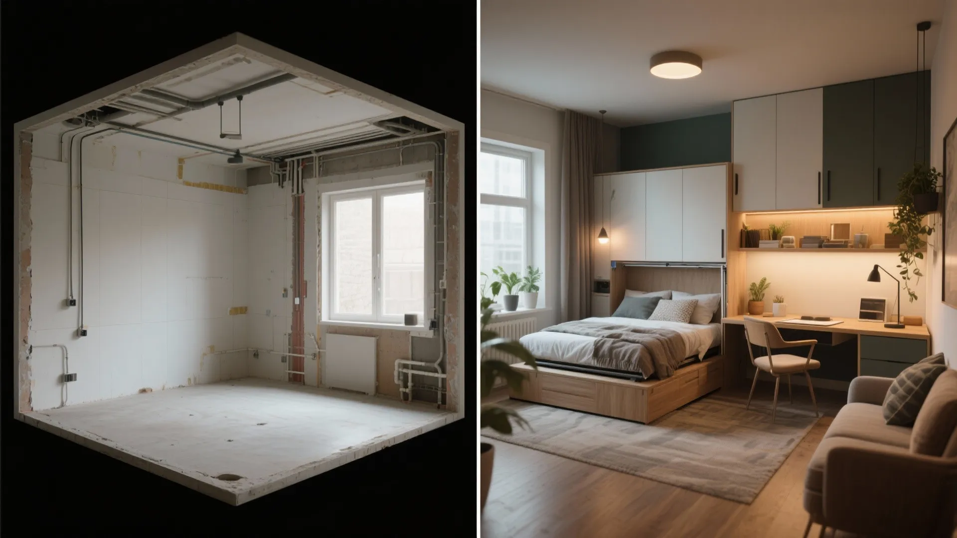 Before and after showing empty room renovation into a modern bedroom with desk and sofa